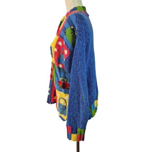Susan Bristol Blue Red Handknit Patchwork Zip Up Vintage Cardigan Sweater M - Picture 2 of 4